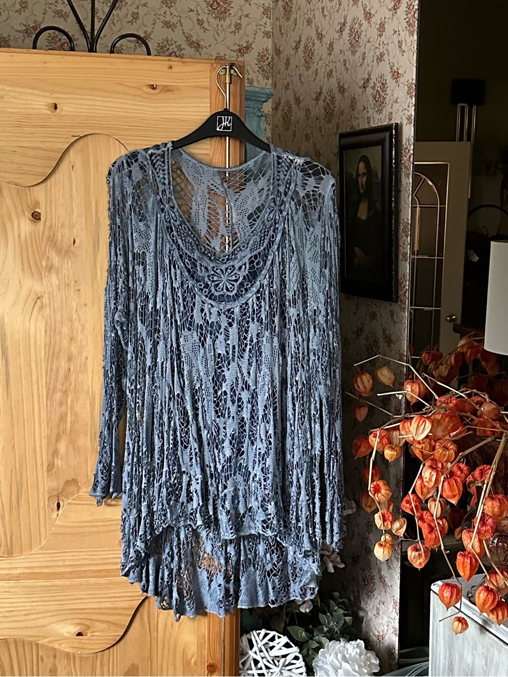 Boho Blue/Grey Italian design soft lace+ teddy, 26”front, 35”back, one size, $60